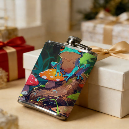 Red-eyed tree frog and mushrooms 1pc of a Portable Flask, a Small Stainless Steel Liquor Flask, 8-Ounce Capacity, Suitable for Outdoor And Home Use