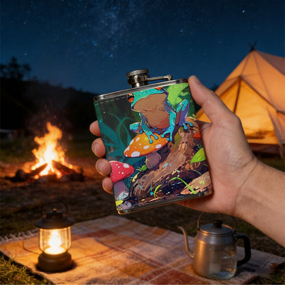 Red-eyed tree frog and mushrooms 1pc of a Portable Flask, a Small Stainless Steel Liquor Flask, 8-Ounce Capacity, Suitable for Outdoor And Home Use