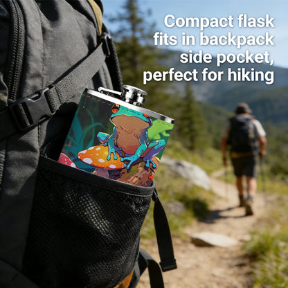 Red-eyed tree frog and mushrooms 1pc of a Portable Flask, a Small Stainless Steel Liquor Flask, 8-Ounce Capacity, Suitable for Outdoor And Home Use