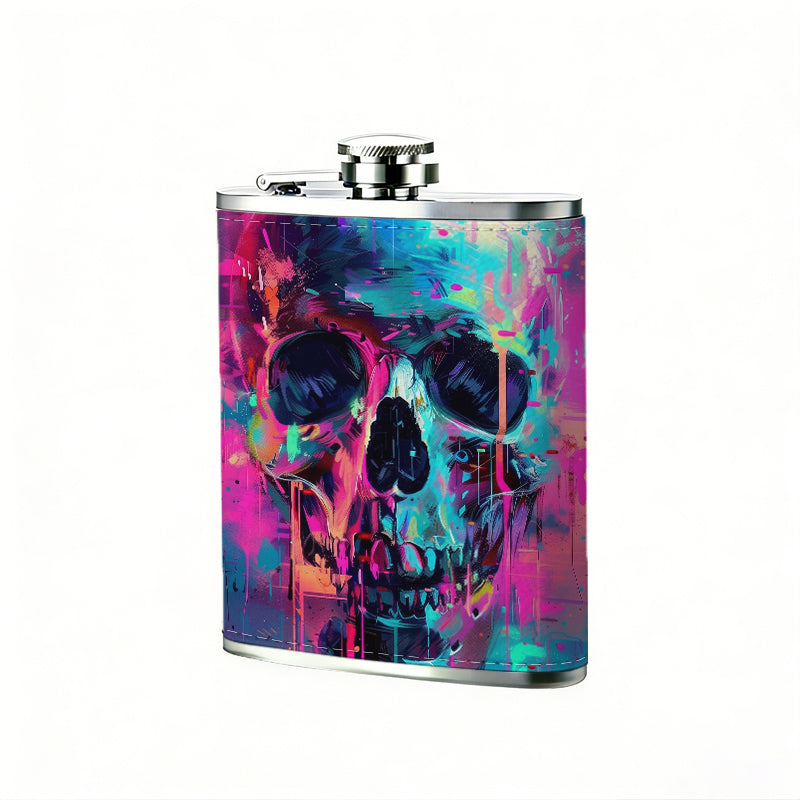 Neon glitch art stylized skull 1pc of a Portable Flask, a Small Stainless Steel Liquor Flask, 8-Ounce Capacity, Suitable for Outdoor And Home Use