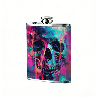 Neon glitch art stylized skull 1pc of a Portable Flask, a Small Stainless Steel Liquor Flask, 8-Ounce Capacity, Suitable for Outdoor And Home Use