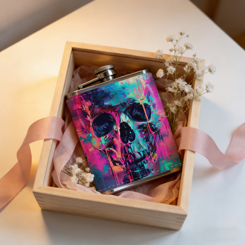 Neon glitch art stylized skull 1pc of a Portable Flask, a Small Stainless Steel Liquor Flask, 8-Ounce Capacity, Suitable for Outdoor And Home Use