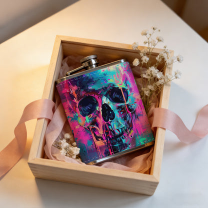 Neon glitch art stylized skull 1pc of a Portable Flask, a Small Stainless Steel Liquor Flask, 8-Ounce Capacity, Suitable for Outdoor And Home Use
