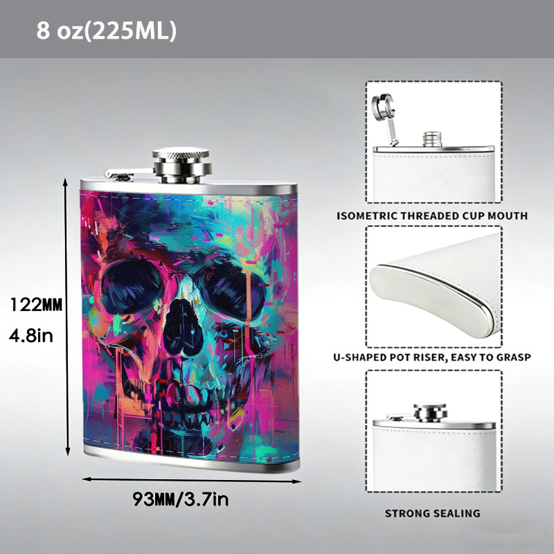 Neon glitch art stylized skull 1pc of a Portable Flask, a Small Stainless Steel Liquor Flask, 8-Ounce Capacity, Suitable for Outdoor And Home Use