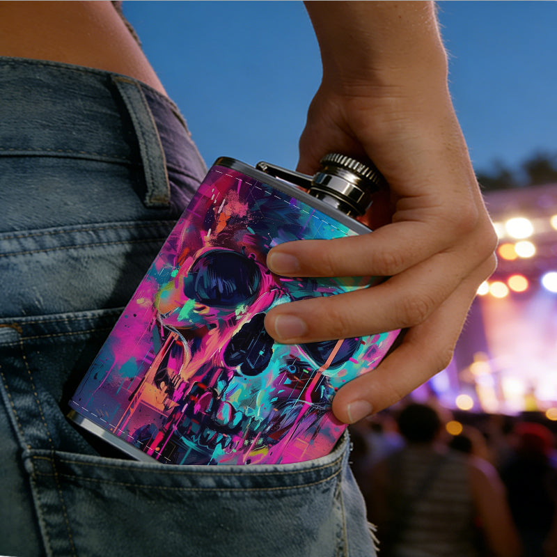 Neon glitch art stylized skull 1pc of a Portable Flask, a Small Stainless Steel Liquor Flask, 8-Ounce Capacity, Suitable for Outdoor And Home Use