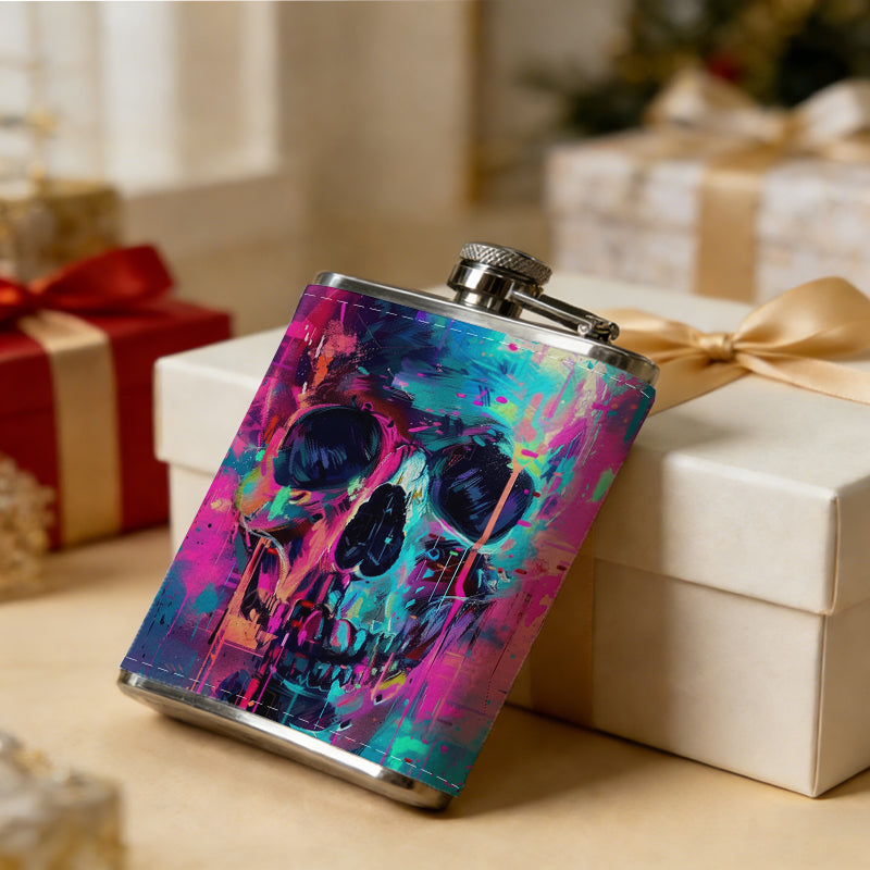 Neon glitch art stylized skull 1pc of a Portable Flask, a Small Stainless Steel Liquor Flask, 8-Ounce Capacity, Suitable for Outdoor And Home Use