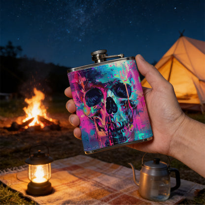 Neon glitch art stylized skull 1pc of a Portable Flask, a Small Stainless Steel Liquor Flask, 8-Ounce Capacity, Suitable for Outdoor And Home Use