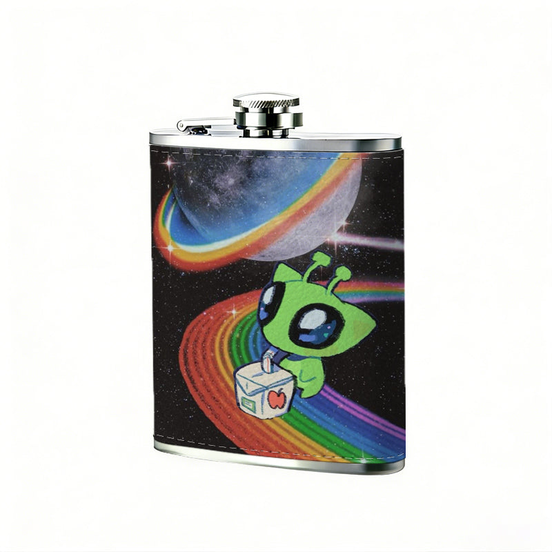Green cartoon alien, rainbow and moon 1pc of a Portable Flask, a Small Stainless Steel Liquor Flask, 8-Ounce Capacity, Suitable for Outdoor And Home Use