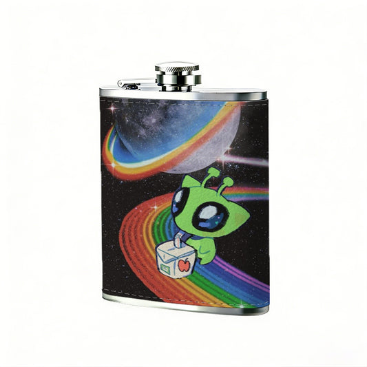 Green cartoon alien, rainbow and moon 1pc of a Portable Flask, a Small Stainless Steel Liquor Flask, 8-Ounce Capacity, Suitable for Outdoor And Home Use