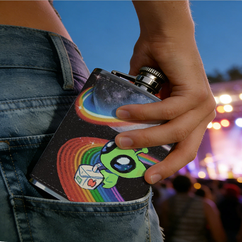 Green cartoon alien, rainbow and moon 1pc of a Portable Flask, a Small Stainless Steel Liquor Flask, 8-Ounce Capacity, Suitable for Outdoor And Home Use