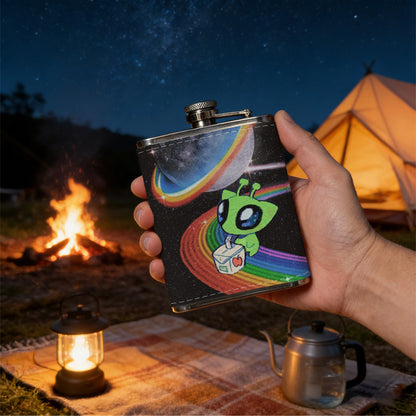 Green cartoon alien, rainbow and moon 1pc of a Portable Flask, a Small Stainless Steel Liquor Flask, 8-Ounce Capacity, Suitable for Outdoor And Home Use
