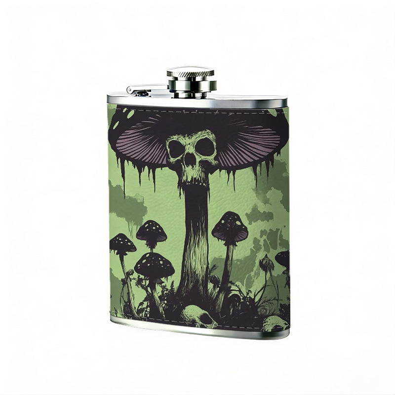Skull-themed spooky mushroom artwork 1pc of a Portable Flask, a Small Stainless Steel Liquor Flask, 8-Ounce Capacity, Suitable for Outdoor And Home Use
