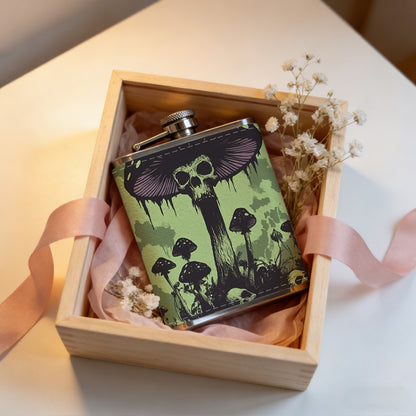 Skull-themed spooky mushroom artwork 1pc of a Portable Flask, a Small Stainless Steel Liquor Flask, 8-Ounce Capacity, Suitable for Outdoor And Home Use