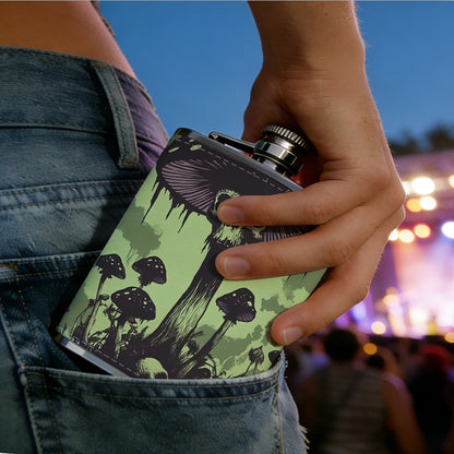 Skull-themed spooky mushroom artwork 1pc of a Portable Flask, a Small Stainless Steel Liquor Flask, 8-Ounce Capacity, Suitable for Outdoor And Home Use