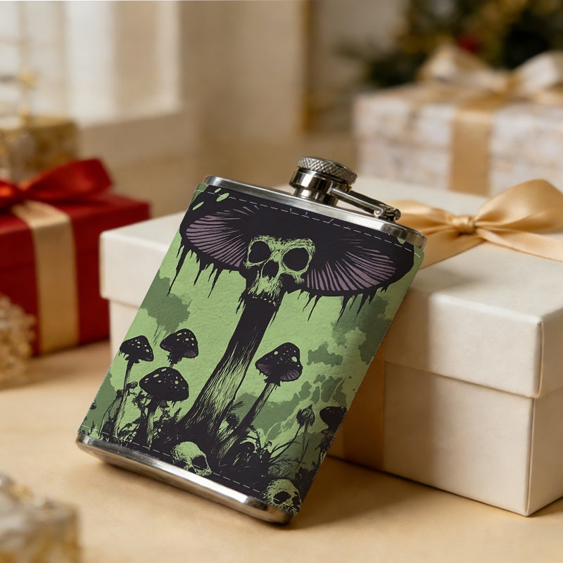 Skull-themed spooky mushroom artwork 1pc of a Portable Flask, a Small Stainless Steel Liquor Flask, 8-Ounce Capacity, Suitable for Outdoor And Home Use
