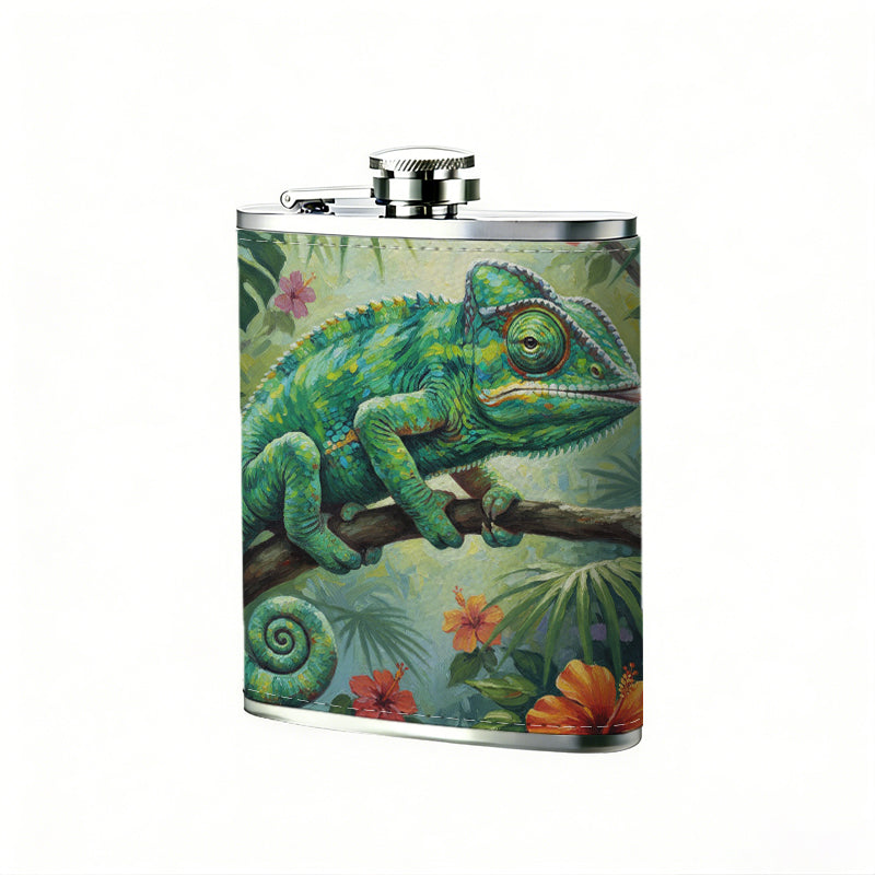 Green chameleon among tropical flowers 1pc of a Portable Flask, a Small Stainless Steel Liquor Flask, 8-Ounce Capacity, Suitable for Outdoor And Home Use