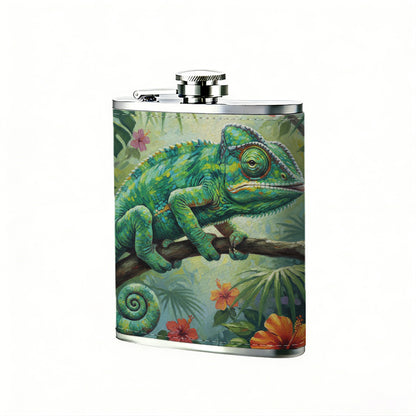 Green chameleon among tropical flowers 1pc of a Portable Flask, a Small Stainless Steel Liquor Flask, 8-Ounce Capacity, Suitable for Outdoor And Home Use