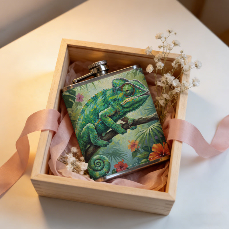 Green chameleon among tropical flowers 1pc of a Portable Flask, a Small Stainless Steel Liquor Flask, 8-Ounce Capacity, Suitable for Outdoor And Home Use