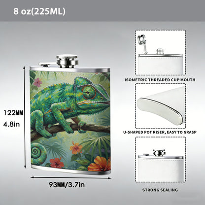 Green chameleon among tropical flowers 1pc of a Portable Flask, a Small Stainless Steel Liquor Flask, 8-Ounce Capacity, Suitable for Outdoor And Home Use