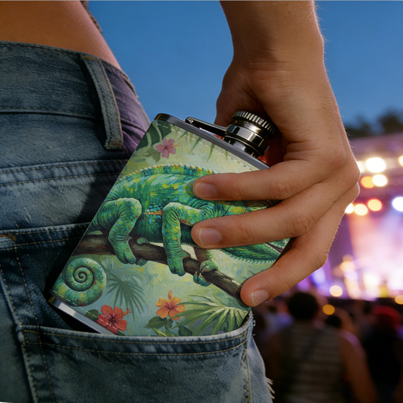 Green chameleon among tropical flowers 1pc of a Portable Flask, a Small Stainless Steel Liquor Flask, 8-Ounce Capacity, Suitable for Outdoor And Home Use