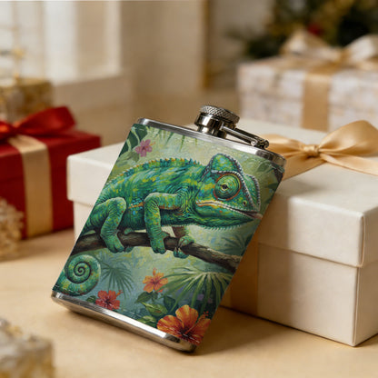 Green chameleon among tropical flowers 1pc of a Portable Flask, a Small Stainless Steel Liquor Flask, 8-Ounce Capacity, Suitable for Outdoor And Home Use