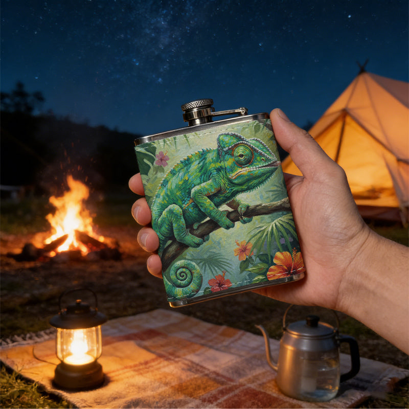 Green chameleon among tropical flowers 1pc of a Portable Flask, a Small Stainless Steel Liquor Flask, 8-Ounce Capacity, Suitable for Outdoor And Home Use