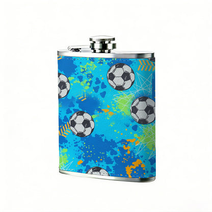 Soccer ball pattern on blue background 1pc of a Portable Flask, a Small Stainless Steel Liquor Flask, 8-Ounce Capacity, Suitable for Outdoor And Home Use
