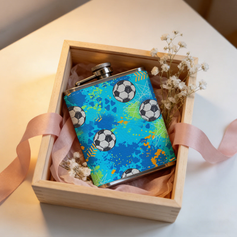 Soccer ball pattern on blue background 1pc of a Portable Flask, a Small Stainless Steel Liquor Flask, 8-Ounce Capacity, Suitable for Outdoor And Home Use