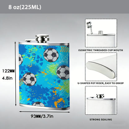Soccer ball pattern on blue background 1pc of a Portable Flask, a Small Stainless Steel Liquor Flask, 8-Ounce Capacity, Suitable for Outdoor And Home Use
