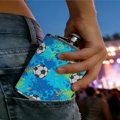 Soccer ball pattern on blue background 1pc of a Portable Flask, a Small Stainless Steel Liquor Flask, 8-Ounce Capacity, Suitable for Outdoor And Home Use