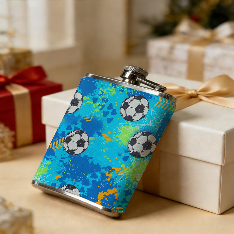 Soccer ball pattern on blue background 1pc of a Portable Flask, a Small Stainless Steel Liquor Flask, 8-Ounce Capacity, Suitable for Outdoor And Home Use