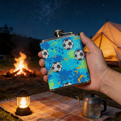 Soccer ball pattern on blue background 1pc of a Portable Flask, a Small Stainless Steel Liquor Flask, 8-Ounce Capacity, Suitable for Outdoor And Home Use