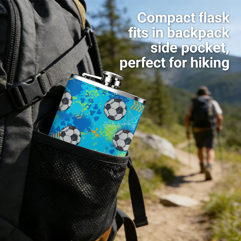 Soccer ball pattern on blue background 1pc of a Portable Flask, a Small Stainless Steel Liquor Flask, 8-Ounce Capacity, Suitable for Outdoor And Home Use