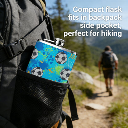 Soccer ball pattern on blue background 1pc of a Portable Flask, a Small Stainless Steel Liquor Flask, 8-Ounce Capacity, Suitable for Outdoor And Home Use