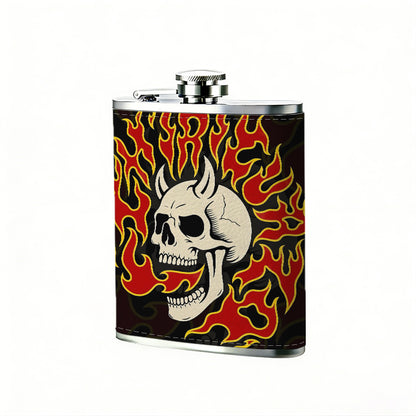 Skull with horns and red flames 1pc of a Portable Flask, a Small Stainless Steel Liquor Flask, 8-Ounce Capacity, Suitable for Outdoor And Home Use