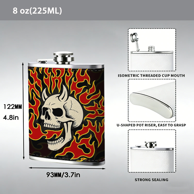Skull with horns and red flames 1pc of a Portable Flask, a Small Stainless Steel Liquor Flask, 8-Ounce Capacity, Suitable for Outdoor And Home Use