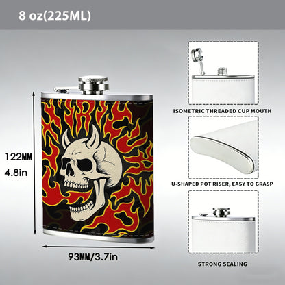 Skull with horns and red flames 1pc of a Portable Flask, a Small Stainless Steel Liquor Flask, 8-Ounce Capacity, Suitable for Outdoor And Home Use