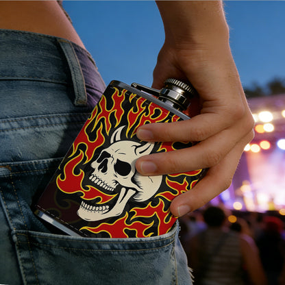 Skull with horns and red flames 1pc of a Portable Flask, a Small Stainless Steel Liquor Flask, 8-Ounce Capacity, Suitable for Outdoor And Home Use
