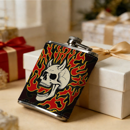 Skull with horns and red flames 1pc of a Portable Flask, a Small Stainless Steel Liquor Flask, 8-Ounce Capacity, Suitable for Outdoor And Home Use