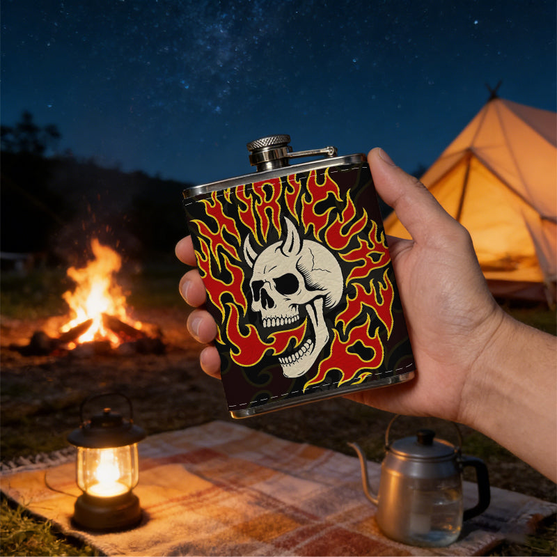 Skull with horns and red flames 1pc of a Portable Flask, a Small Stainless Steel Liquor Flask, 8-Ounce Capacity, Suitable for Outdoor And Home Use