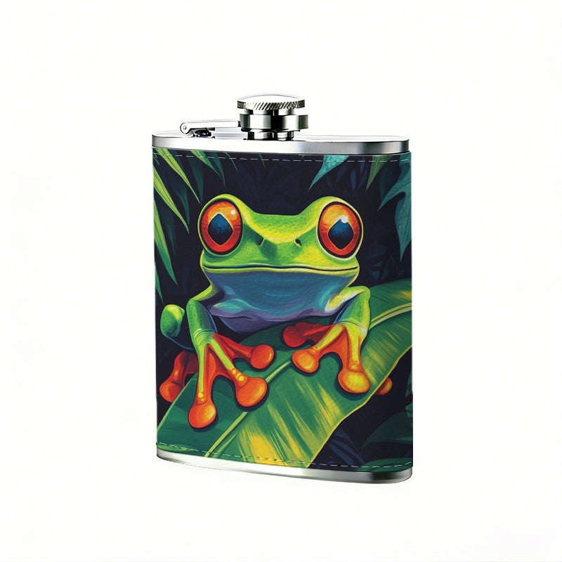 Red-eyed tree frog on green leaves 1pc of a Portable Flask, a Small Stainless Steel Liquor Flask, 8-Ounce Capacity, Suitable for Outdoor And Home Use