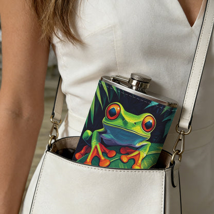 Red-eyed tree frog on green leaves 1pc of a Portable Flask, a Small Stainless Steel Liquor Flask, 8-Ounce Capacity, Suitable for Outdoor And Home Use