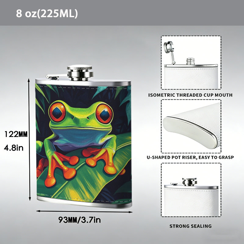 Red-eyed tree frog on green leaves 1pc of a Portable Flask, a Small Stainless Steel Liquor Flask, 8-Ounce Capacity, Suitable for Outdoor And Home Use
