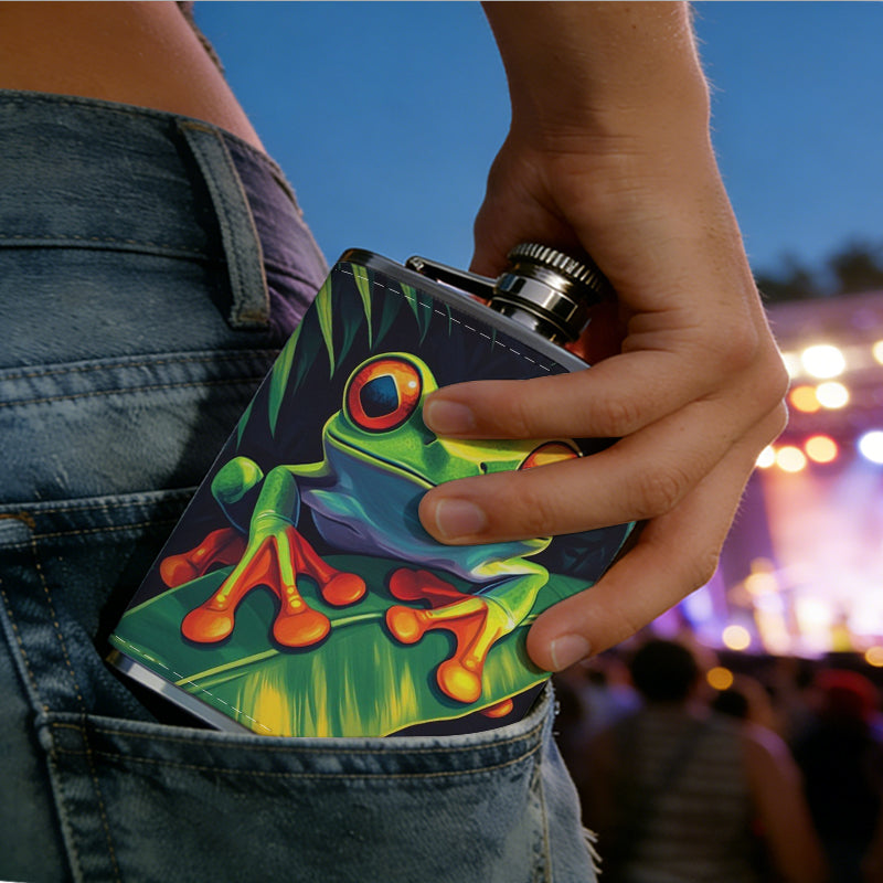 Red-eyed tree frog on green leaves 1pc of a Portable Flask, a Small Stainless Steel Liquor Flask, 8-Ounce Capacity, Suitable for Outdoor And Home Use