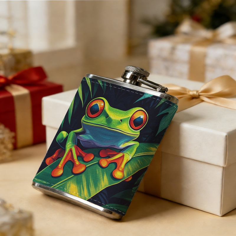 Red-eyed tree frog on green leaves 1pc of a Portable Flask, a Small Stainless Steel Liquor Flask, 8-Ounce Capacity, Suitable for Outdoor And Home Use