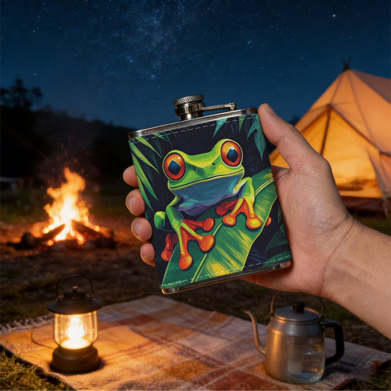Red-eyed tree frog on green leaves 1pc of a Portable Flask, a Small Stainless Steel Liquor Flask, 8-Ounce Capacity, Suitable for Outdoor And Home Use