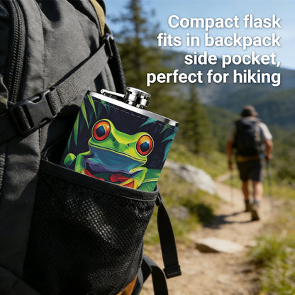 Red-eyed tree frog on green leaves 1pc of a Portable Flask, a Small Stainless Steel Liquor Flask, 8-Ounce Capacity, Suitable for Outdoor And Home Use
