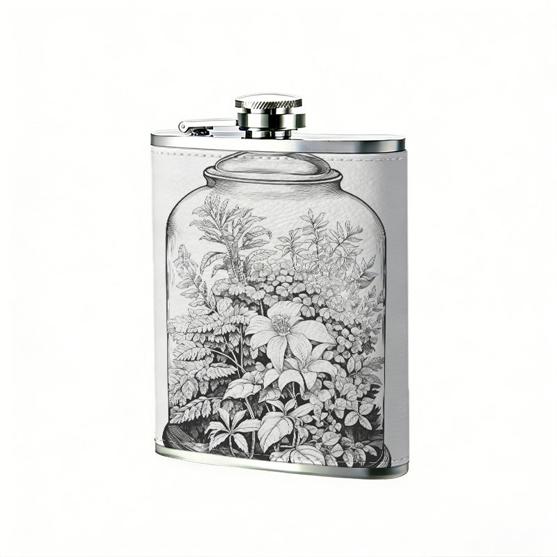 Dried flowers in a glass jar 1pc of a Portable Flask, a Small Stainless Steel Liquor Flask, 8-Ounce Capacity, Suitable for Outdoor And Home Use