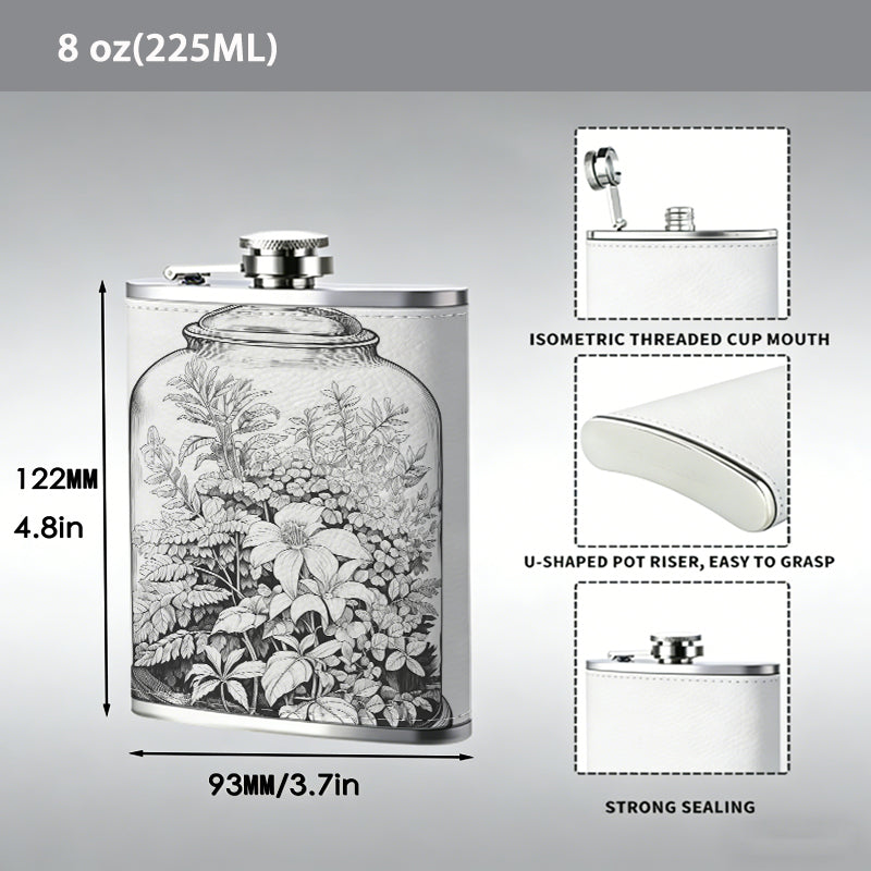 Dried flowers in a glass jar 1pc of a Portable Flask, a Small Stainless Steel Liquor Flask, 8-Ounce Capacity, Suitable for Outdoor And Home Use