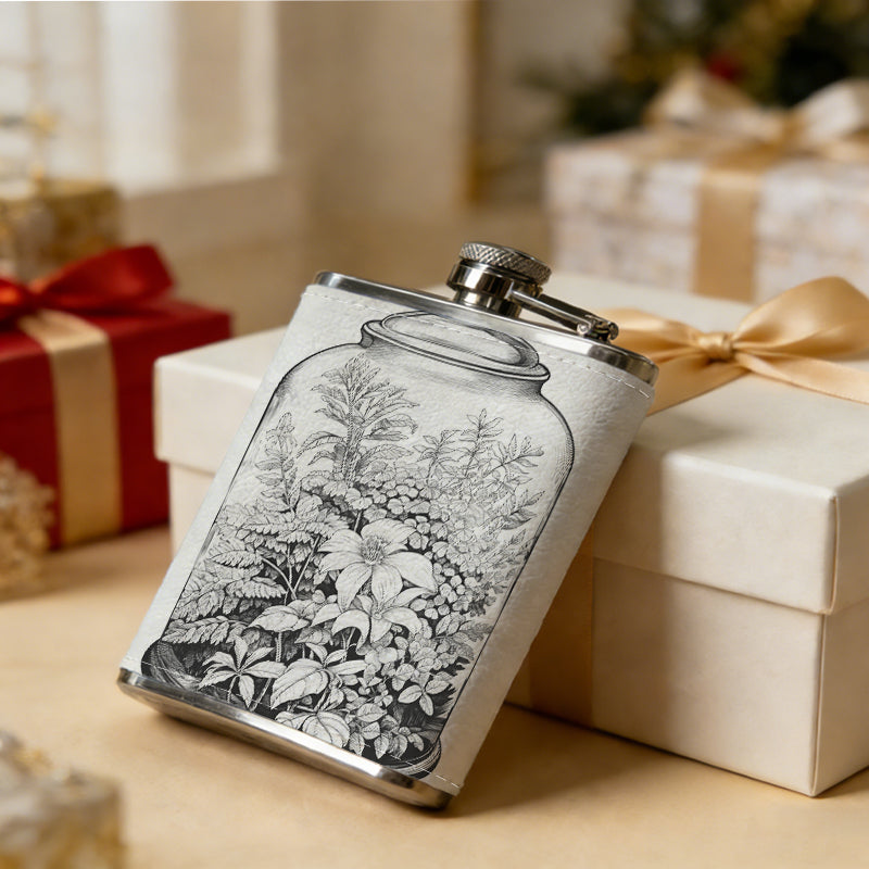 Dried flowers in a glass jar 1pc of a Portable Flask, a Small Stainless Steel Liquor Flask, 8-Ounce Capacity, Suitable for Outdoor And Home Use